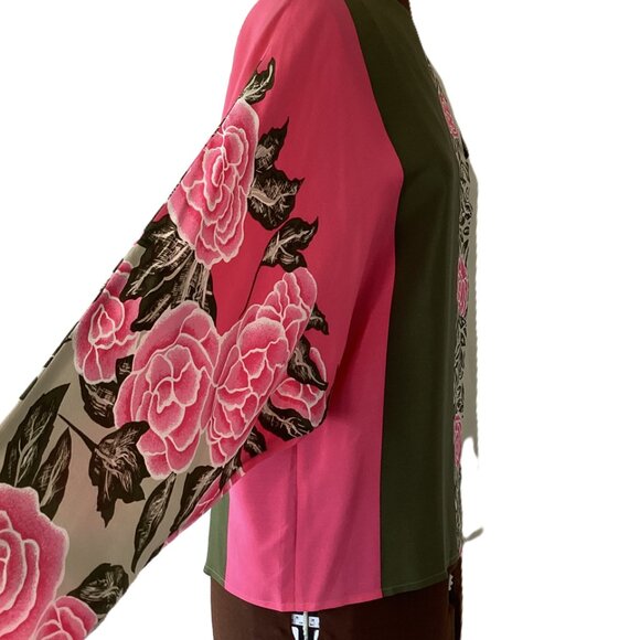 Olive/Fushia Floral Print Silk Blouse - Picture 5 of 8